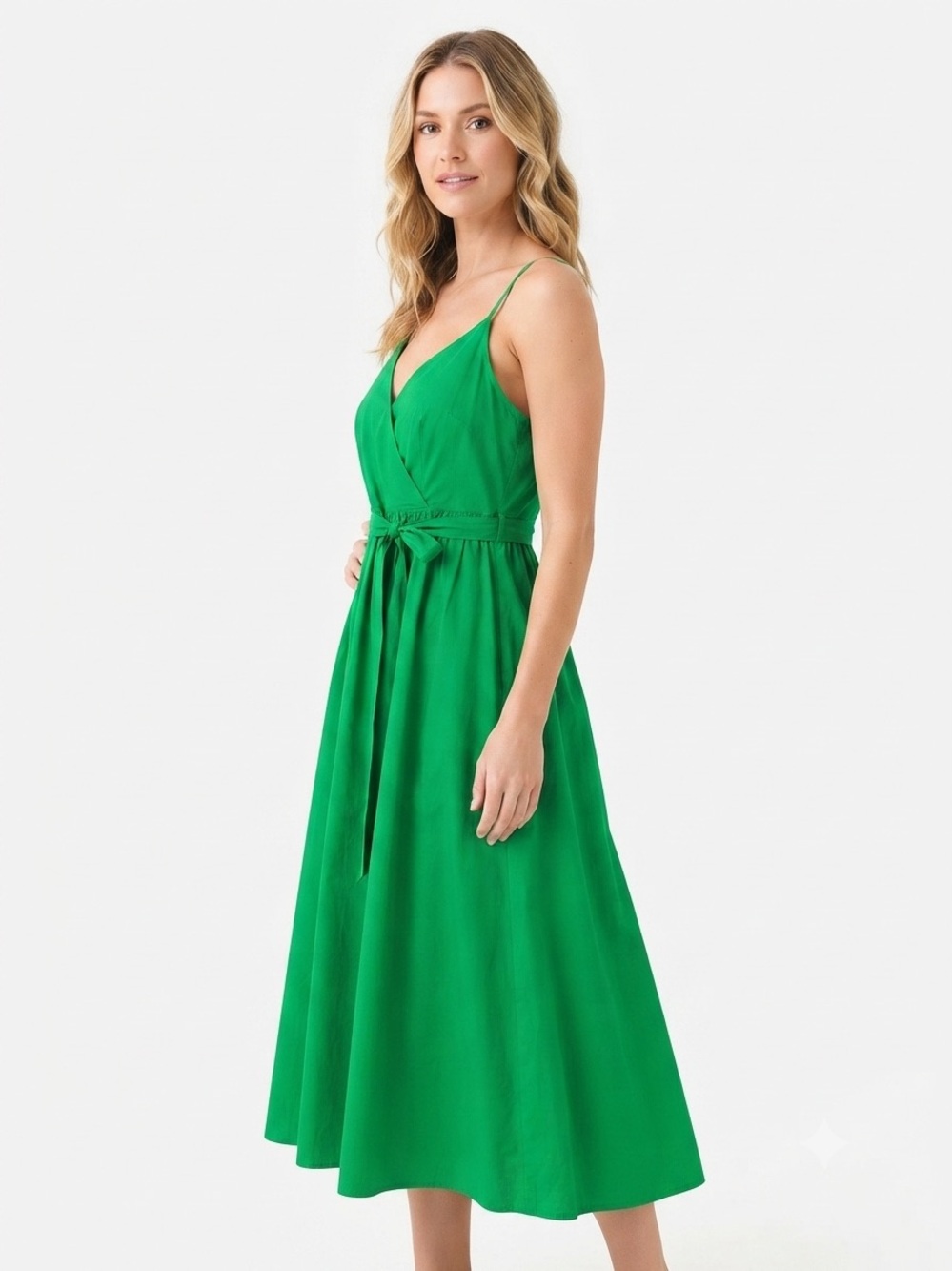 Donna Morgan Kelly Green Sleeveless Midi Dress Size12 V-Neck Tie Waist 100%cotto